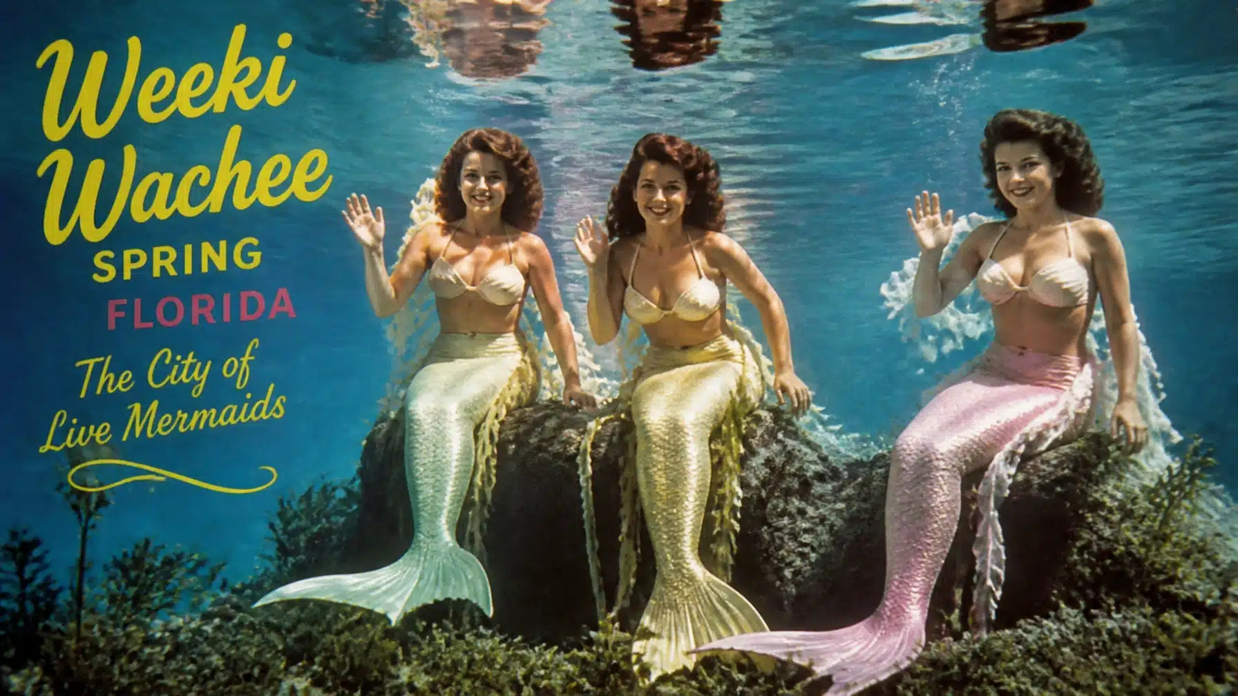 3 Weeki Wachee Mermaids Three women in mermaid costumes pose underwater, sitting on rocks, waving and smiling. Text reads: "Weeki Wachee Spring, Florida. The City of Live Mermaids." The image has a vintage postcard style.