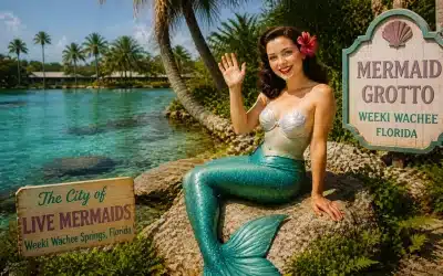 A smiling woman dressed as a mermaid sits on a rock by clear blue water, waving. Palm trees are in the background, and nearby signs read "Mermaid Grotto" and "The City of Live Mermaids, Florida.