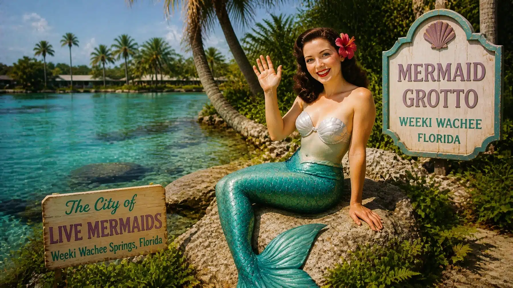 A smiling woman dressed as a mermaid sits on a rock by clear blue water, waving. Palm trees are in the background, and nearby signs read "Mermaid Grotto" and "The City of Live Mermaids, Florida.